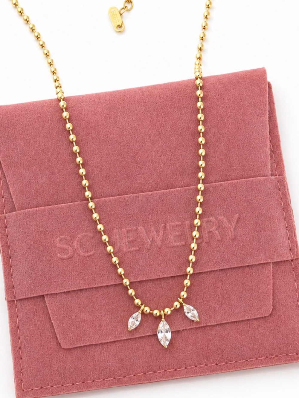 14K Gold Plated Ball Chain Necklace Marquise Crystal Charms Adjustable Chain